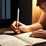 A person writing in a journal, focusing on their emotions, with a calm and organized mind, surrounded by soft lighting and a peaceful environment. The journal is open, with legible handwriting visible, and the overall atmosphere promotes mental clarity and stress relief.
