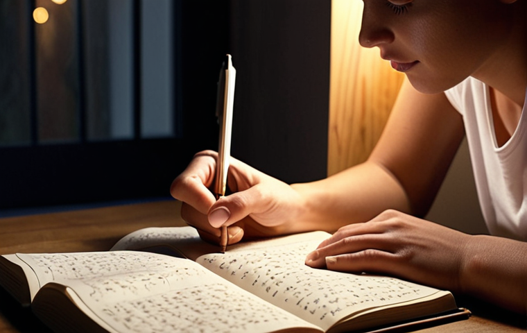 A person writing in a journal, focusing on their emotions, with a calm and organized mind, surrounded by soft lighting and a peaceful environment. The journal is open, with legible handwriting visible, and the overall atmosphere promotes mental clarity and stress relief.